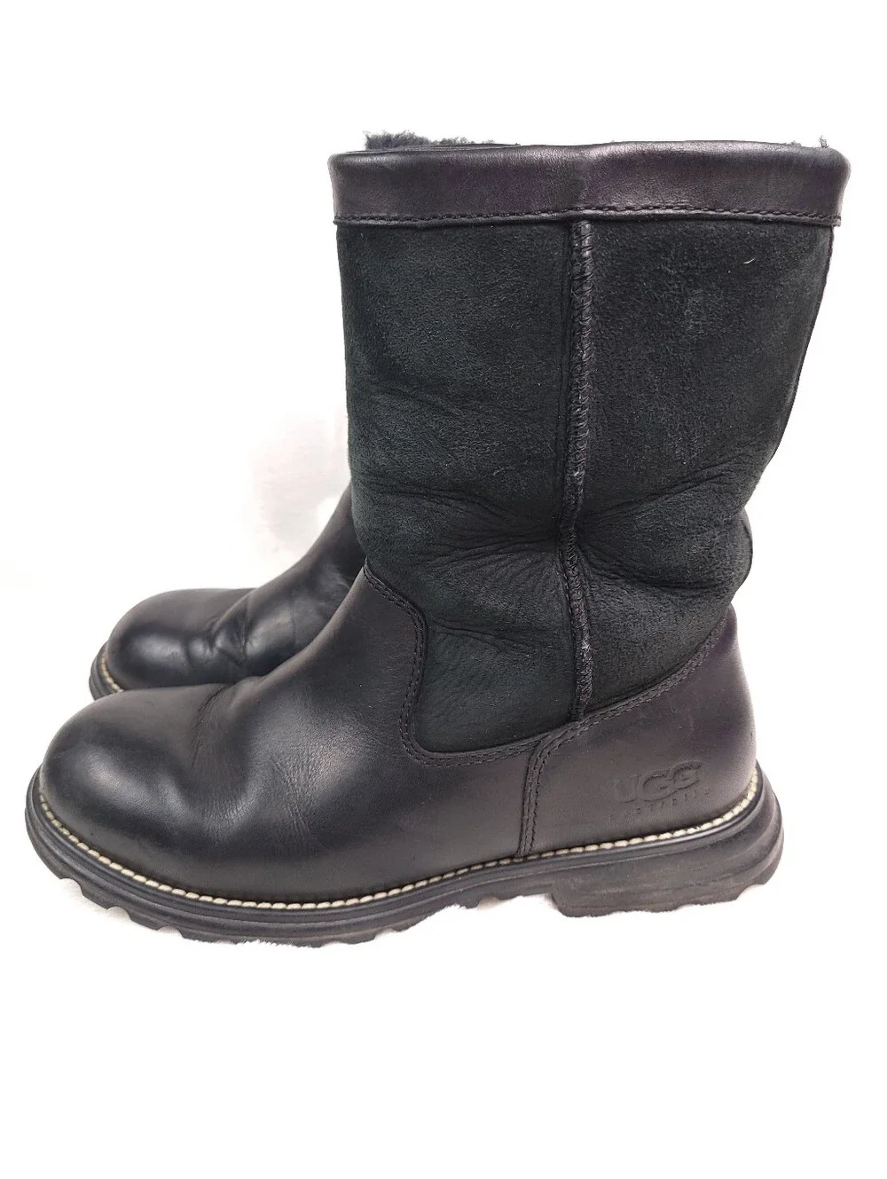 UGG Brooks 5381 Black 8 Leather & Suede Mid Calf Short Winter Boots VTG